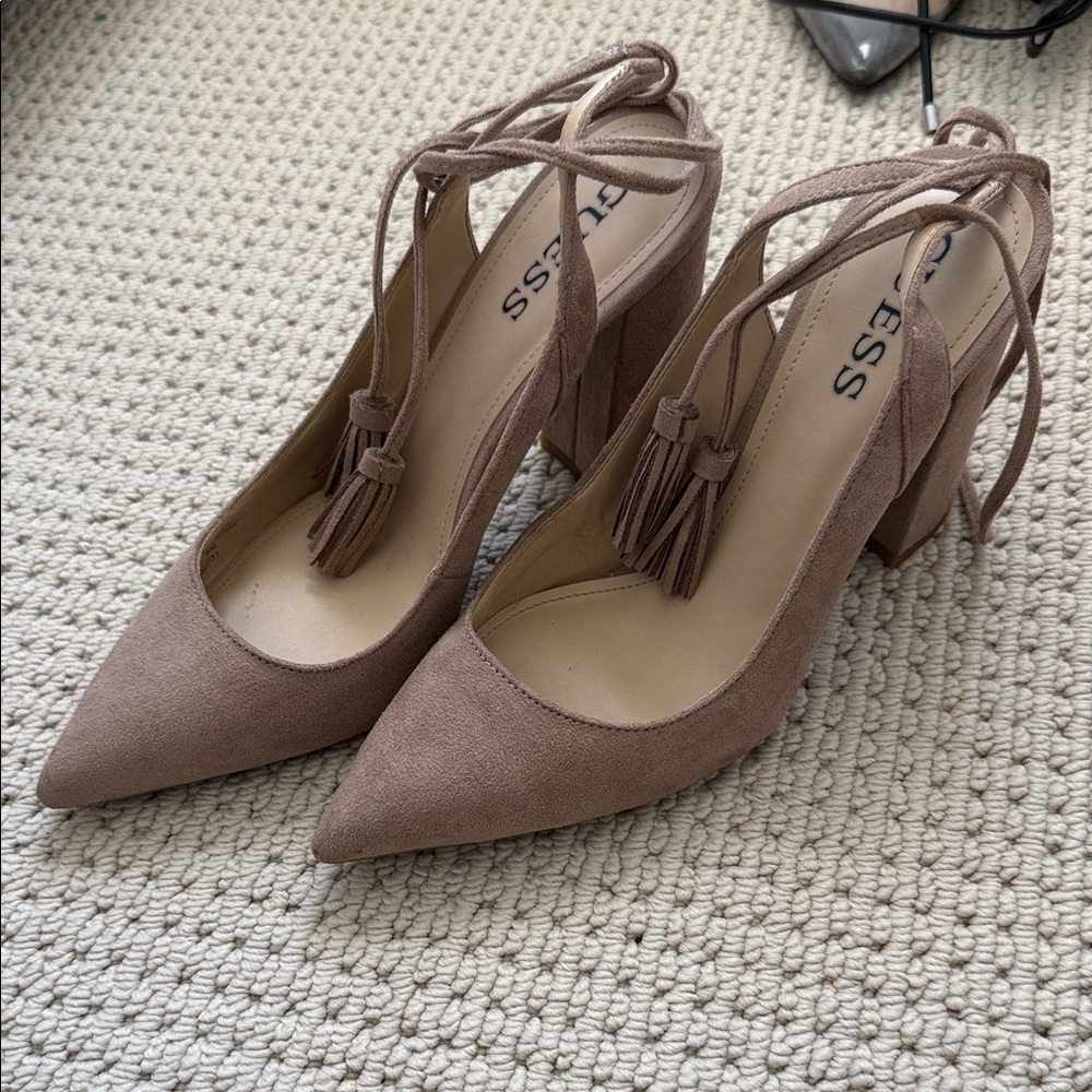 Guess Women's Block Heel Taupe Suede Lace Up Heels sz 8 - Picture 2 of 7